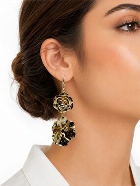 DKNY Vintage Gold Tone Double Floral Drop Earrings Statement Runway Glam Jewelry